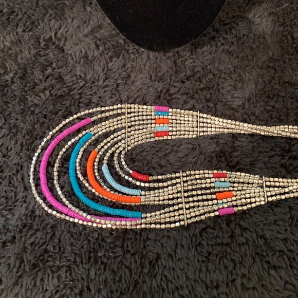 African Boho Plastic and Silver Beaded 10 Tiered Necklace - Picture 3 of 6